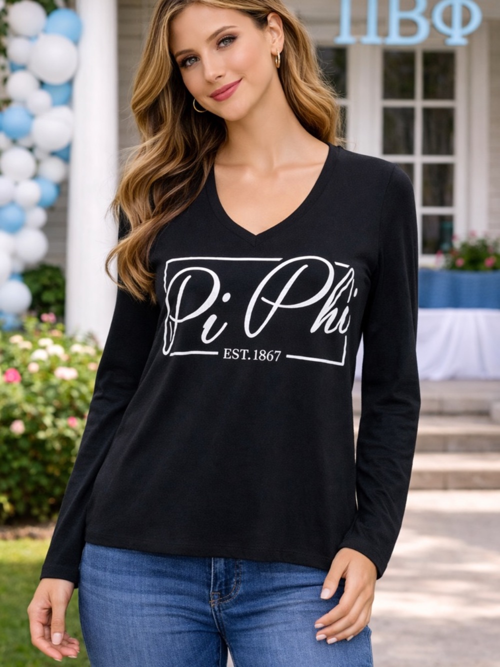 Bella Canvas Black Pi Phi Graphic Long Sleeve V-Neck Top